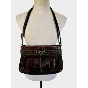 Vtg 90s Brighton Leather Croc Heart Toggle Western Organizer Shoulder Bag Purse